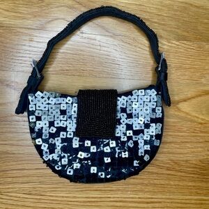 1990s Vintage Handmade Black and Silver Beaded Petite Purse